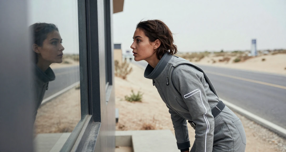 A ethereal Female From France, has a degree in art history and curating in their 20, radiating fresh-faced youthful energy, wearing a futuristic space pilot plugsuit with glowing lines, checking a reflection in a window in a country road.