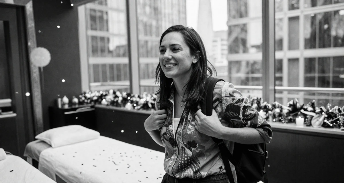 A optimistic Female From Canada, holds a degree in accounting in their 27, forcing yourself to smile in content on bad days, wearing a artistic layered clothing, adjusting a backpack strap in a luxury spa room.