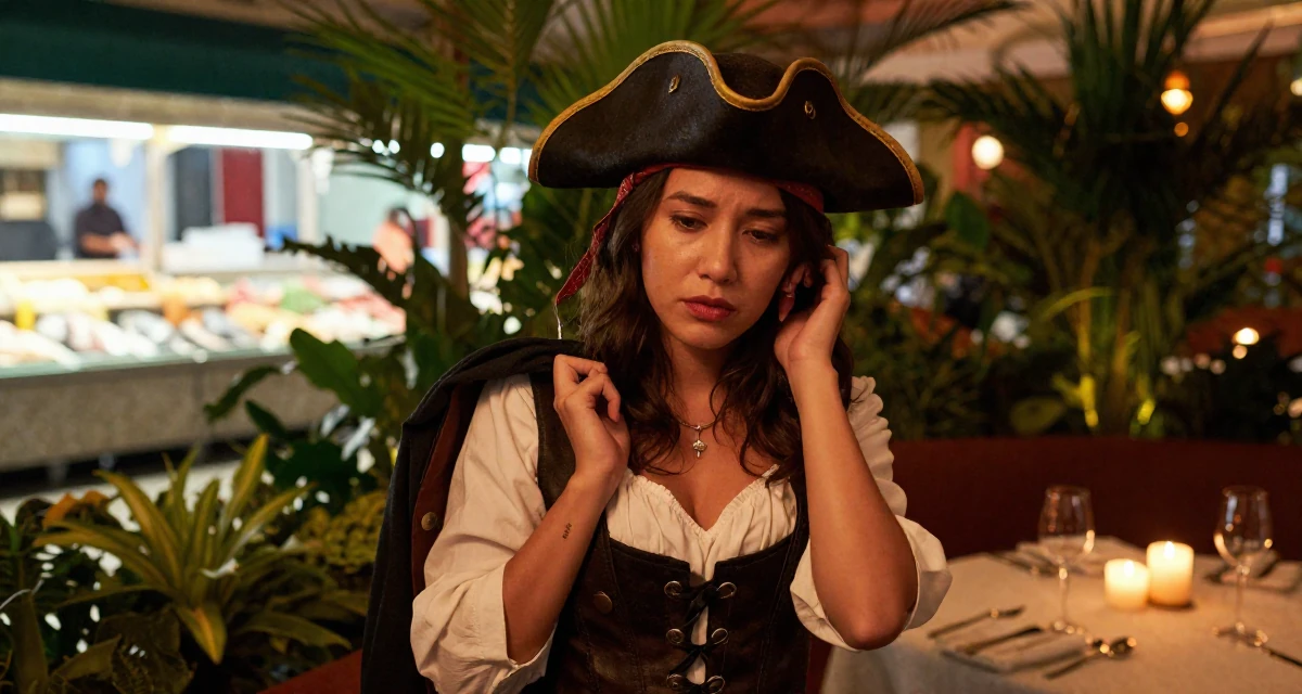 A melancholic Female From Hong Kong, holds a business administration degree in their 22, dealing with inconsistent motivation, wearing a pirate captain outfit with a corset and tricorn hat, holding a jacket over a shoulder in a luxury spa room.