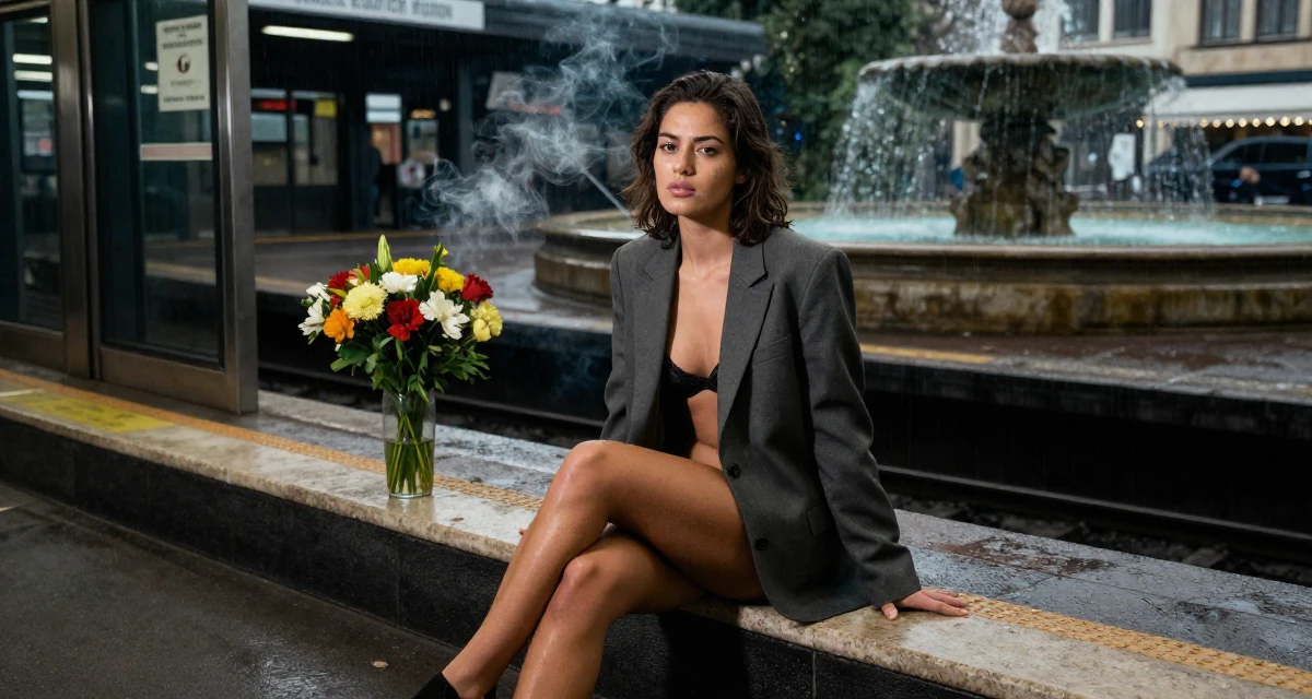 A calm Female Former security guard, now a bold confidence-themed creator in their 22, comparing growth with other creators and feeling pressure, wearing a fitted blazer with nothing underneath but a lace bra (hinted), stepping onto a curb in a subway platform.