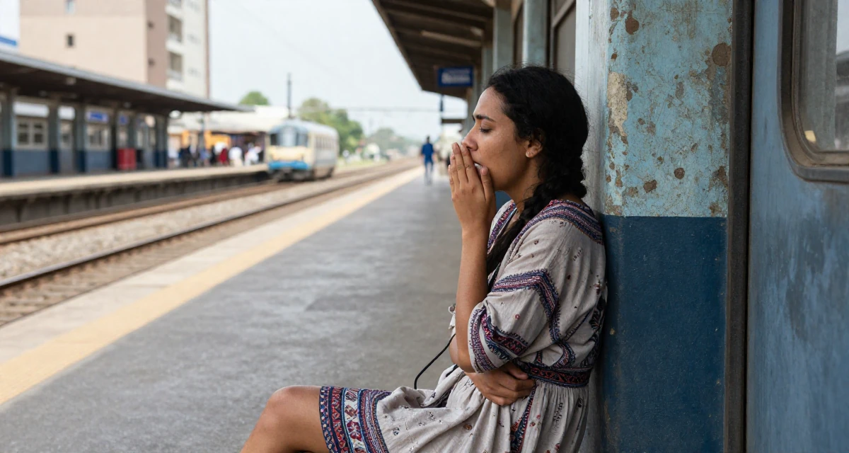 A melancholic Female From Angola, majored in logistics operations in their 28, understanding that burnout is part of the cycle, wearing a relaxed bohemian style dress, stifling a yawn in a train platform.