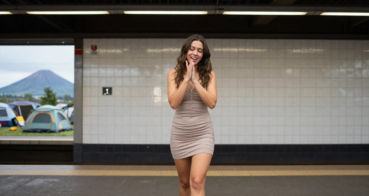 A ecstatic Female From the Netherlands, based in Rotterdam, graduated from a media academy majoring in contemporary sensual design in their 28, facing creator fatigue while pretending to thrive, wearing a ruched mini dress that accentuates the figure, wiping hands in a camping site.