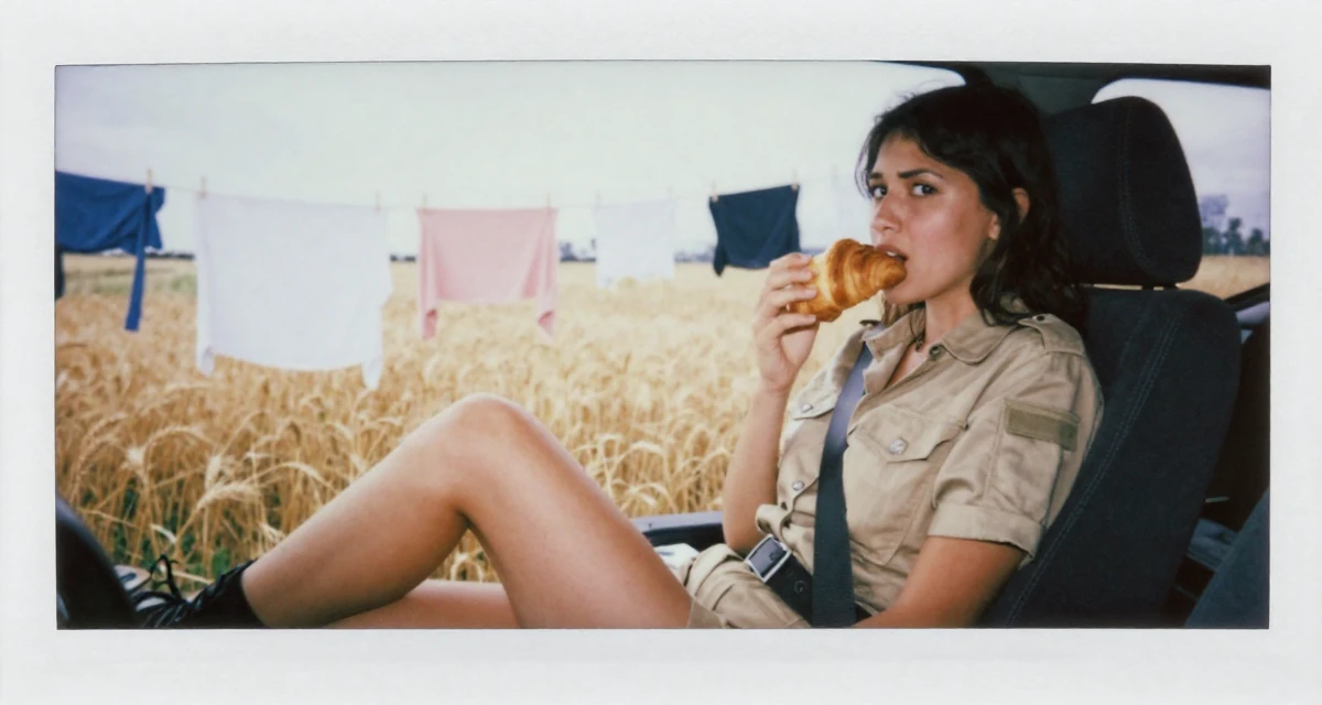 A vulnerable Female Former Uber driver, now building slow-burn lifestyle storytelling in their 25, balancing school assignments with content ideas, wearing a safari explorer outfit with khaki shorts, eating a croissant in a golden wheat field.