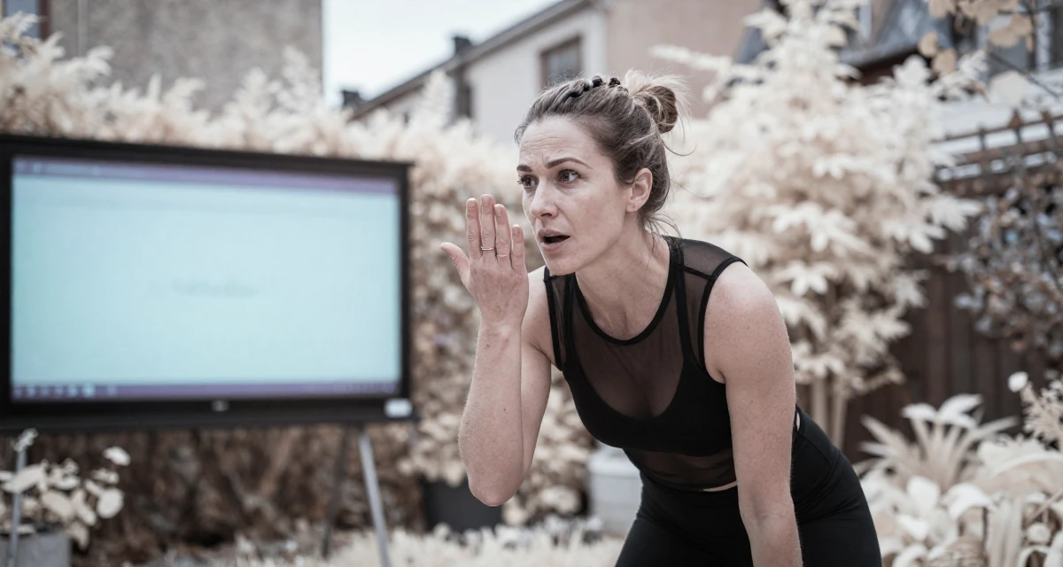 A playful Female From Gothenburg Sweden, trained in athletic movement and strength flow in their 35, commanding respect without raising a voice, wearing a sheer mesh top layered over a black bralette, playing with a ring on a finger in a backyard garden.