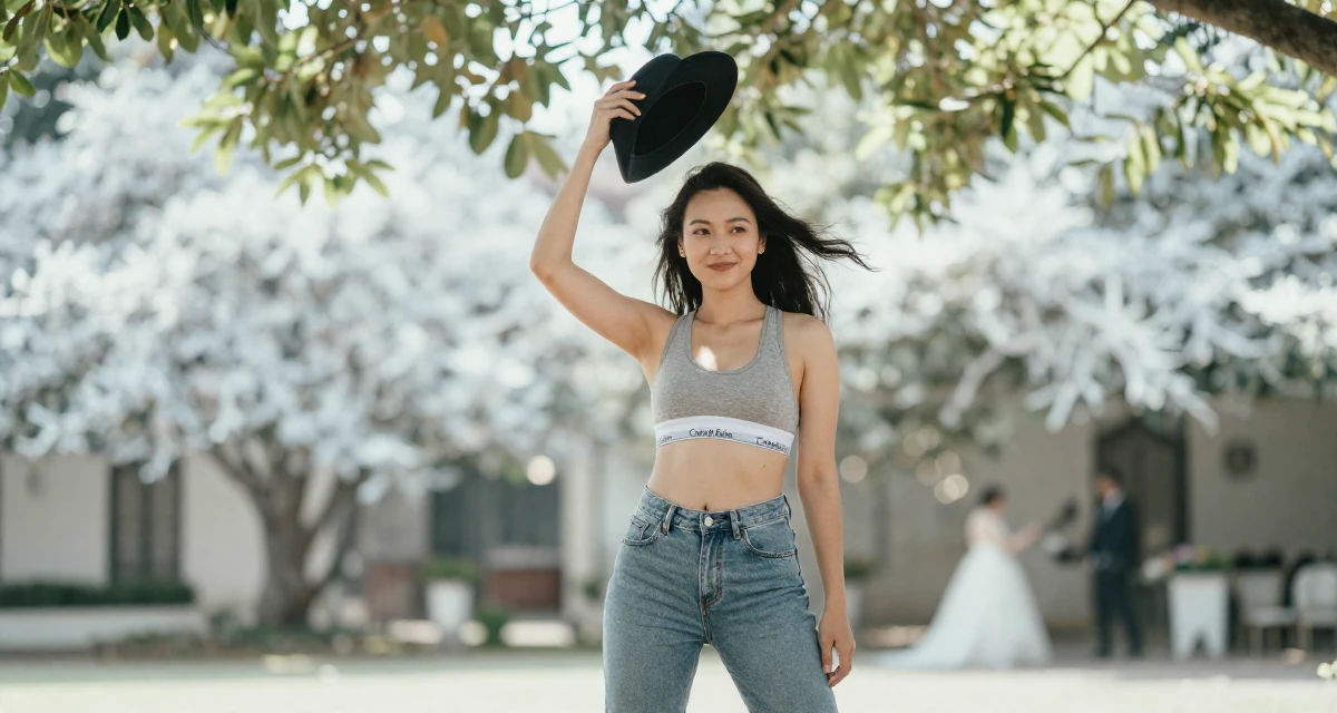 A amused Female From Penang Malaysia, studied UI/UX design in their 22, developing a bold persona that feels authentically “me”, wearing a classic calvin klein style sports bra and jeans, holding a hat against the wind in a wedding venue.