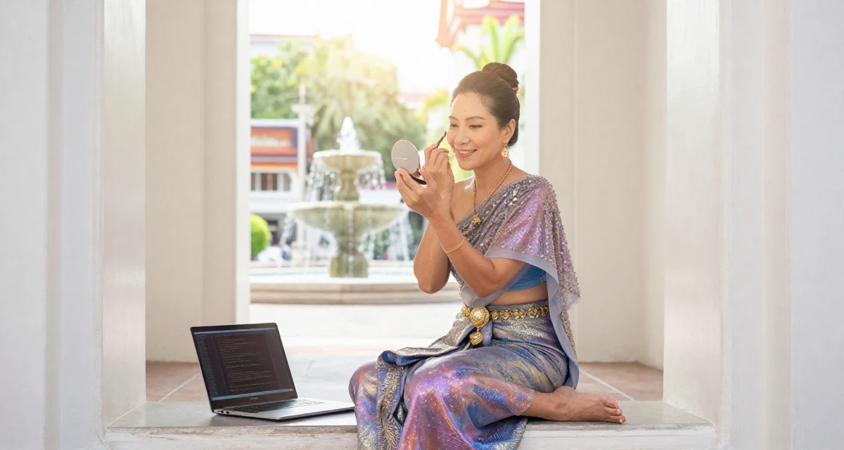 A amused Female From Thailand, based in Phuket, graduated from a media academy majoring in tropical glamour production in their 35, glowing with the wisdom of experience, wearing a galactic princess gown with metallic fabrics, checking makeup in a compact mirror in a narrow hallway.