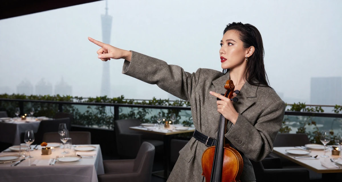 A bold and charismatic Female Once a violin student, now sharing aesthetic performance clips in their 34, managing a complex portfolio of responsibilities, wearing a oversized blazer worn as a dress with a belt, inspecting fingernails in a high-end restaurant.