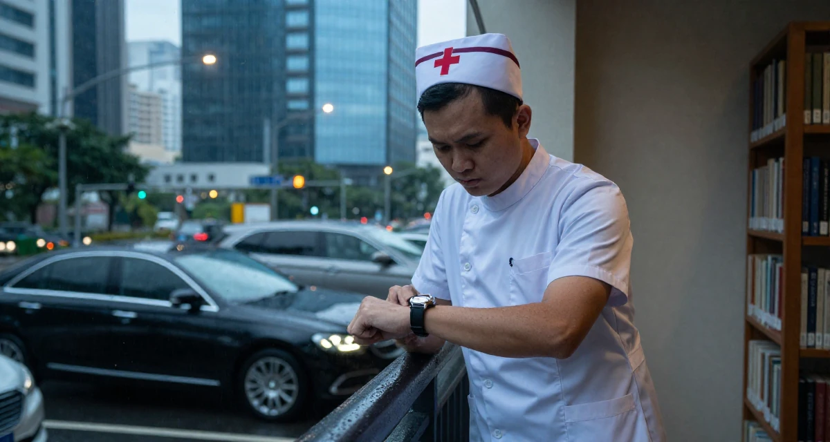 A cold and distant male Grew up in Malaysia, studied social media management in their 24, managing emotional ups and downs from online criticism, wearing a nurse cosplay uniform with a stylized cap, glancing at a wristwatch in a quiet library corner.