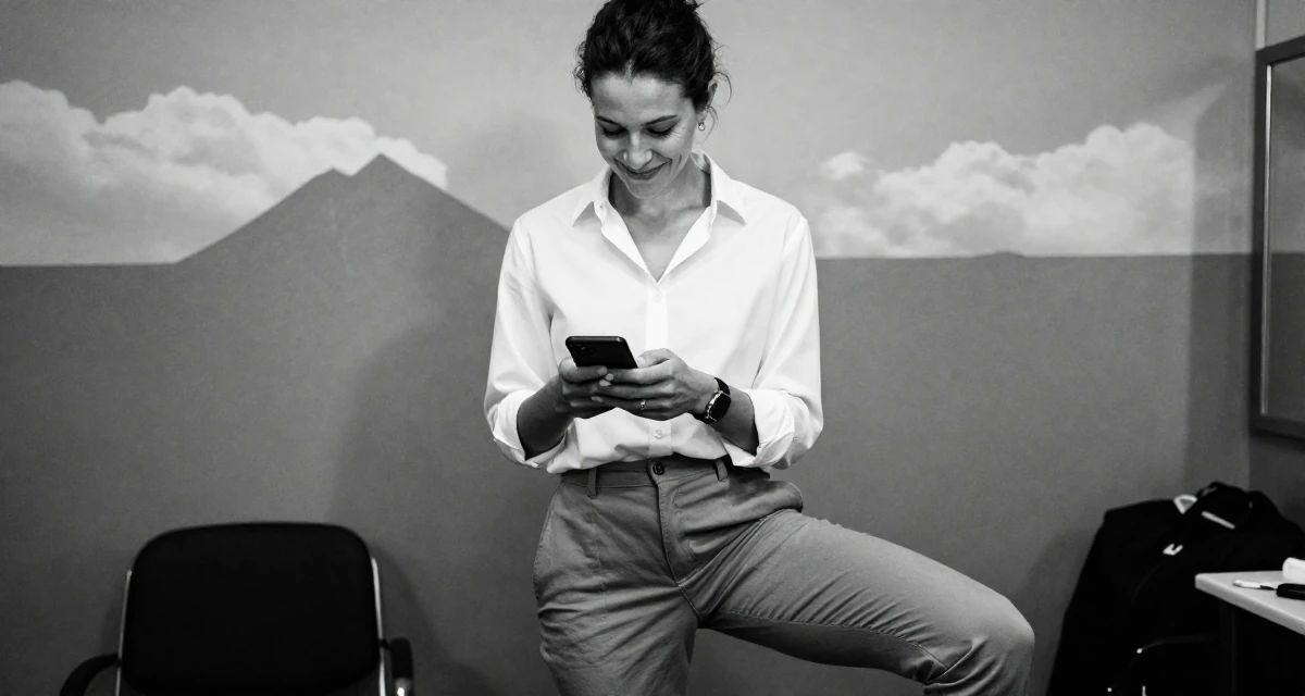 A sweet Female From Aarhus Denmark, trained in fitness coaching and body alignment in their 25, exploring monetization without compromising comfort, wearing a crisp white shirt and chinos, unlocking a phone screen in a backstage dressing room.