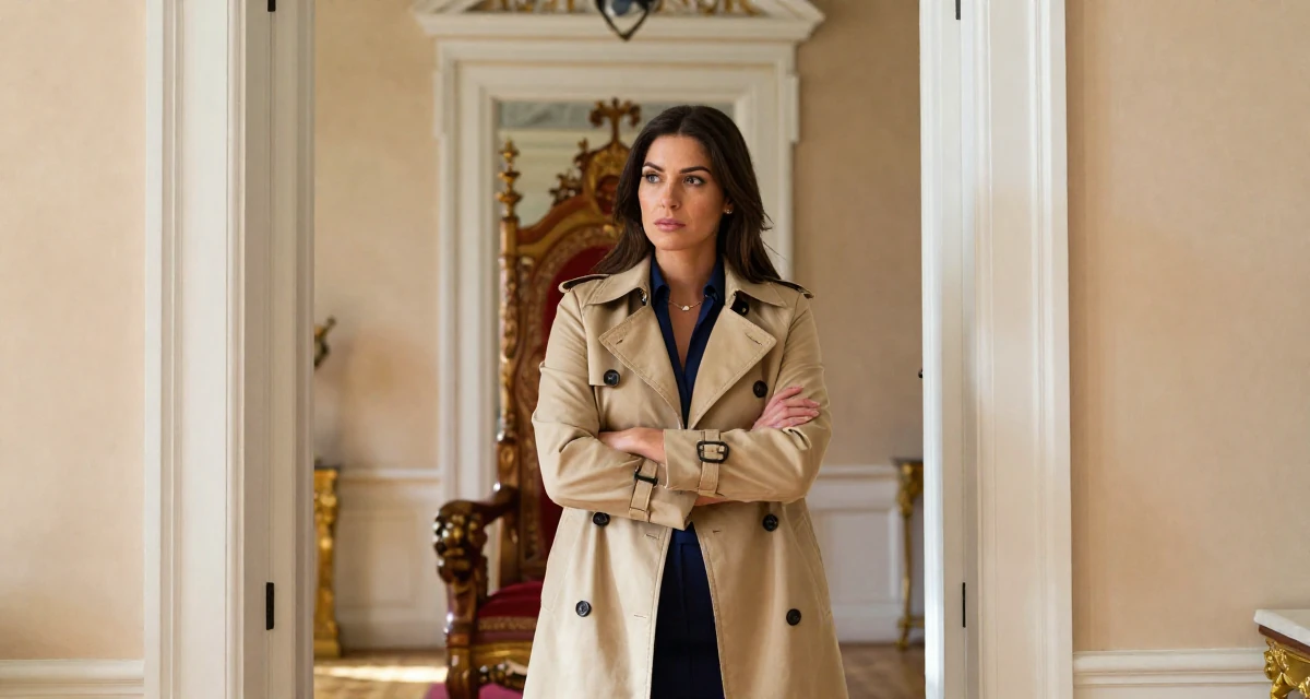 A romantic Female From Miami USA, studied body aesthetics and bikini competition prep in their 25, struggling with academic workload, wearing a classic trench coat worn over a business dress, looking for something in a pocket in a royal palace throne room.