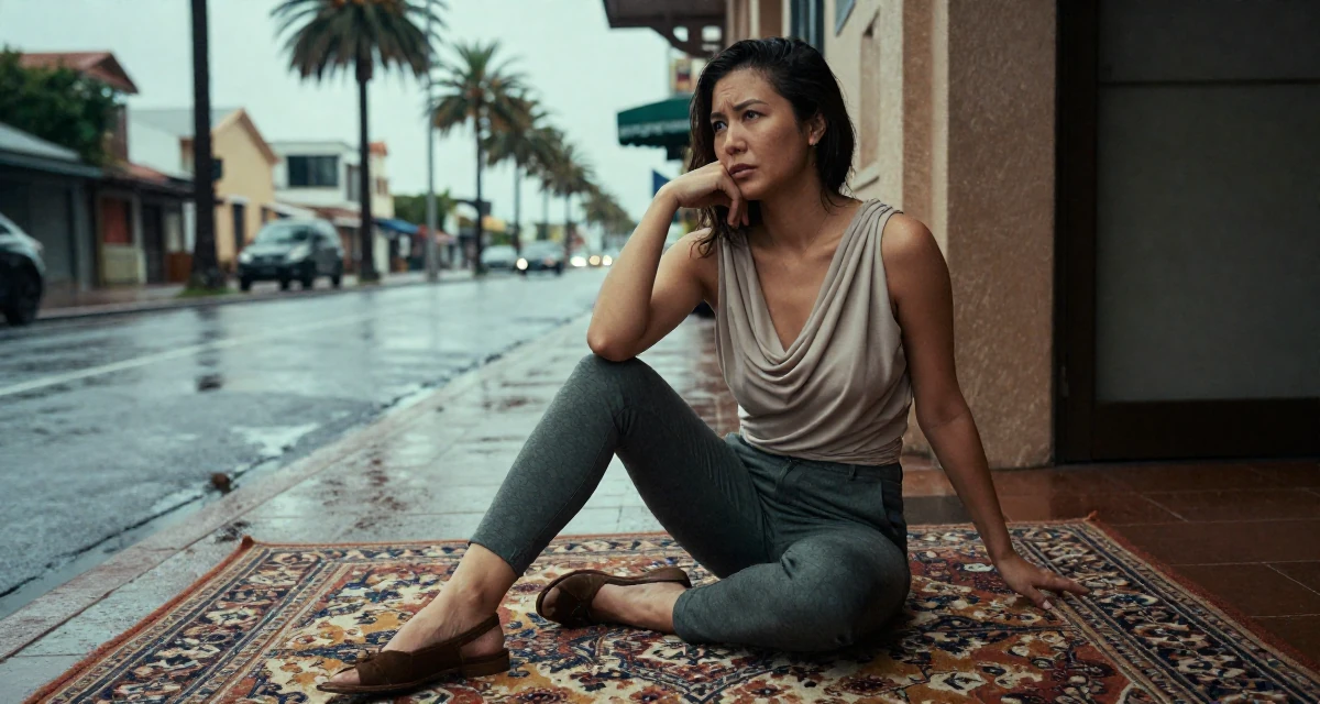 A suspicious Female From Chinese-speaking regions, majored in marketing analytics in their 33, embracing a solo travel lifestyle, wearing a draped neckline top and fitted slacks, touching the chin thoughtfully in a rainy street corner.