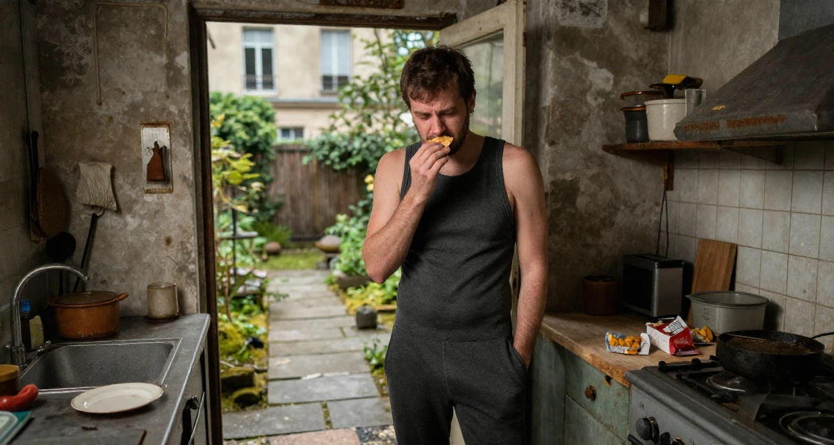 A contemplative male Raised in Poland, majored in entrepreneurship studies in their 22, feeling the sting of zero new subs after hours of effort, wearing a sleeveless bodysuit with deep armholes, holding a snack in a rustic kitchen.