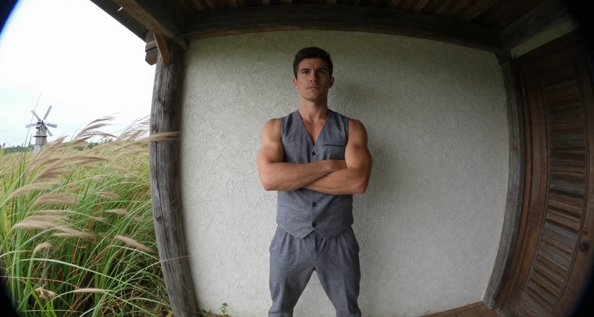 A lonely male Former aerobics instructor, now filming premium workout sessions in their 20, chasing creative dreams despite parental skepticism, wearing a grey vest and matching trousers outfit, crossing arms confidently in a rustic wooden cabin interior.
