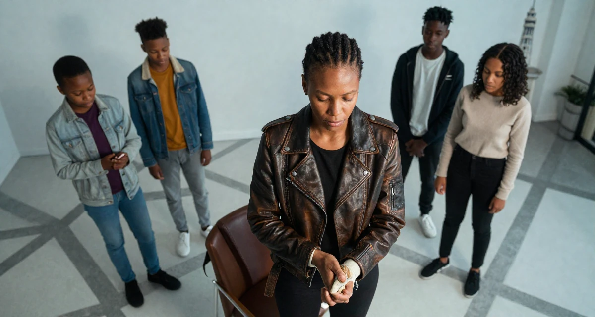 A settled Female From South Africa, majored in development studies in their 46, running a household with teens, wearing a vintage-inspired leather jacket look, putting on a glove in a photo studio.