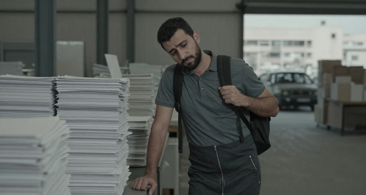 A bored male From Syria, studied business IT in their 38, handling long working hours, wearing a pencil skirt with a zipper detail, adjusting a backpack strap in a industrial warehouse.
