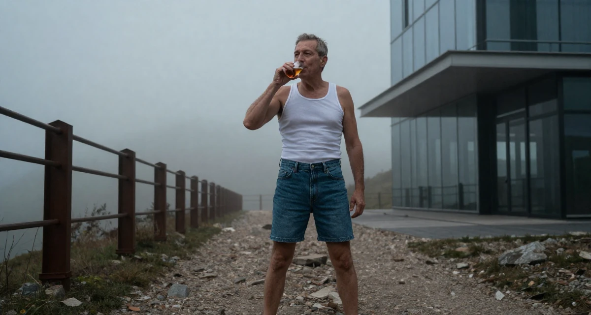 A sympathetic male From Romania, trained in multimedia design in their 44, sharing high-end skincare routines for aging, wearing a fitted ribbed tank top and high-waisted denim shorts, sipping a warm drink in a mountain trail.