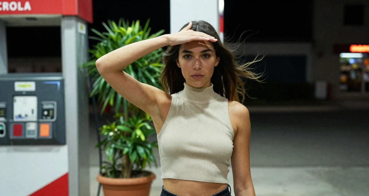 A solemn but kind Female From France, based in Marseille, graduated from a creative college majoring in intimate portrait photography in their 30, knowing the hustle is hard but quitting feels worse, wearing a high-neck sleeveless crop top showing toned arms, shielding face from the wind in a gas station at night.
