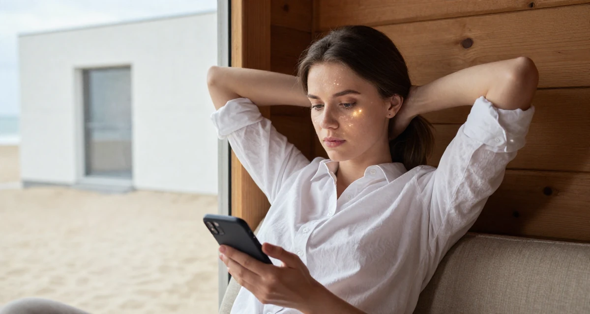 A composed Female From Russia, studied psychology at a community college in their 33, dealing with rising living costs, wearing a crisp button-up with rolled sleeves, unlocking a phone screen in a rustic wooden cabin interior.