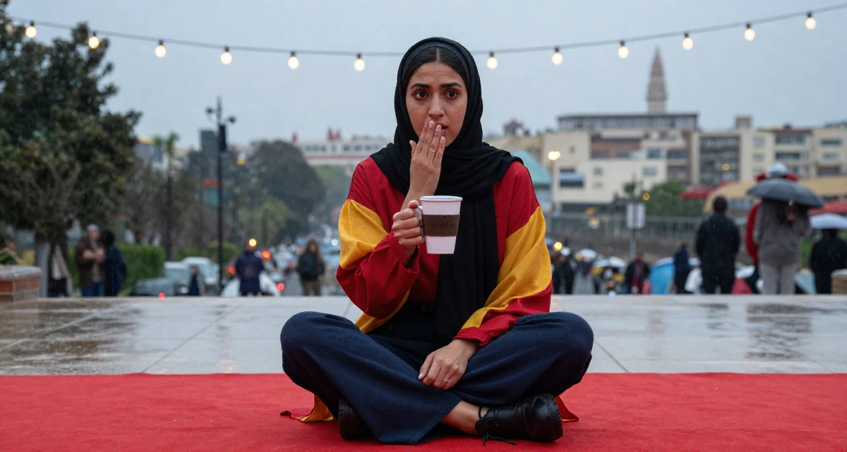 A contemplative Female Raised in Morocco, studied international marketing in their 22, shocked by the cost of rent and groceries, wearing a bold color-block outfit, holding a cup of coffee in a red carpet event.