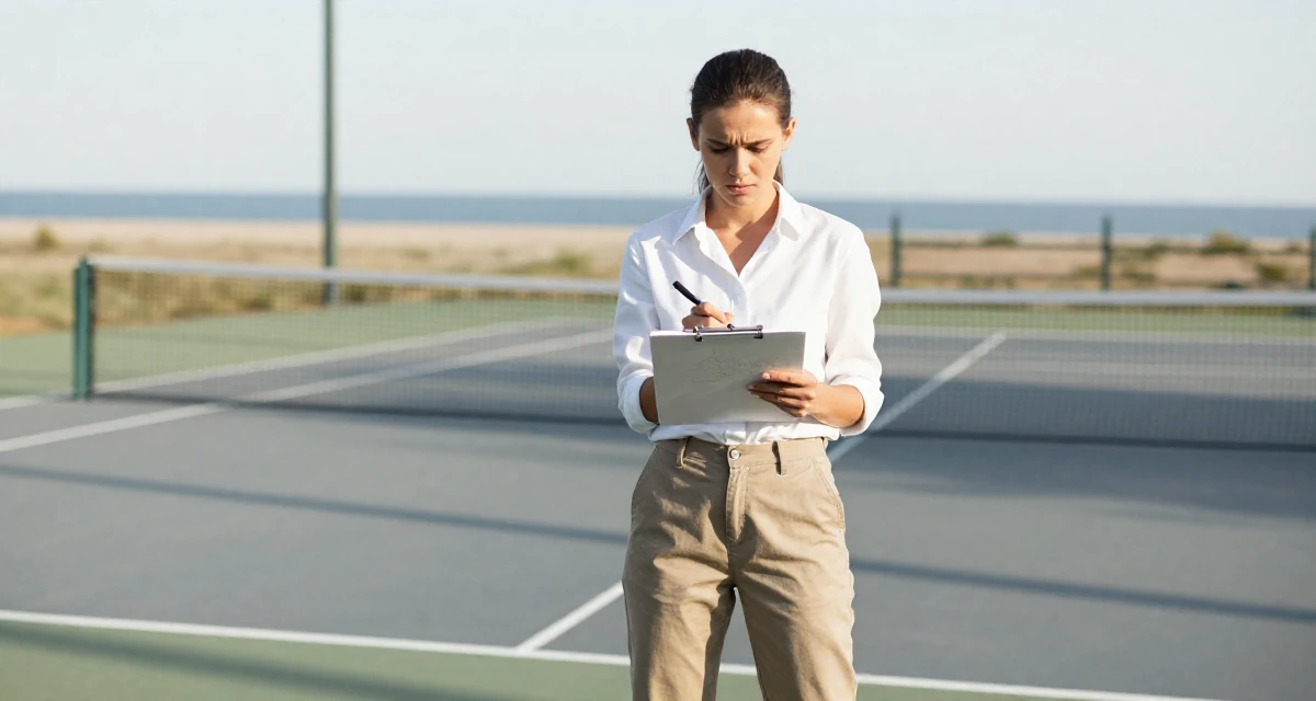 A impatient Female Born in Ukraine, majored in creative communication in their 32, sharing budget-friendly interior design tips, wearing a crisp white shirt and chinos, sketching on a pad in a tennis court.