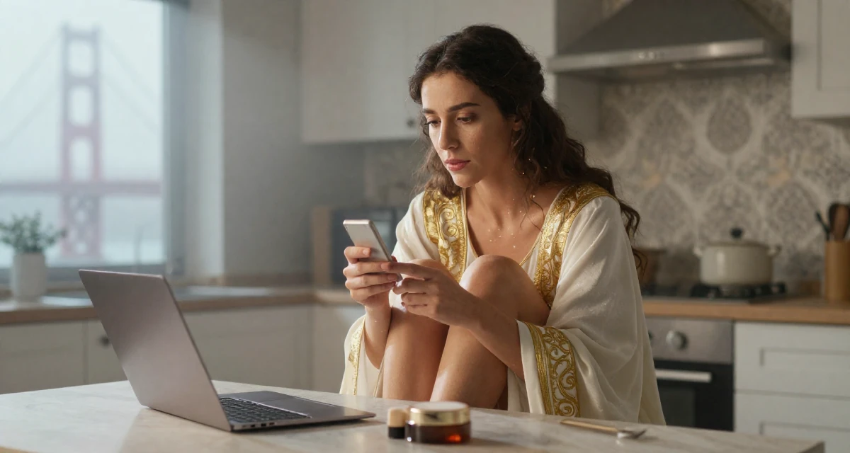 A soulful Female From Spain, studied audiovisual communication in their 38, handling long working hours with discipline, wearing a high-fantasy sorceress robe with gold embroidery, examining a product in a sunlit kitchen island.