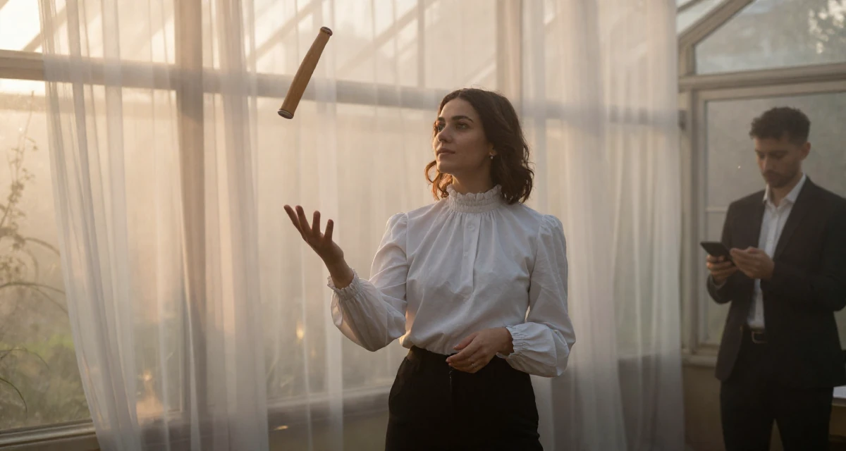 A gentle Female Former volunteer teacher, now crafting empowering creator narratives in their 24, juggling edits, shoots, and a boss who texts on weekends, wearing a high-neck victorian style blouse and black slacks, touching the chin thoughtfully in a greenhouse interior.