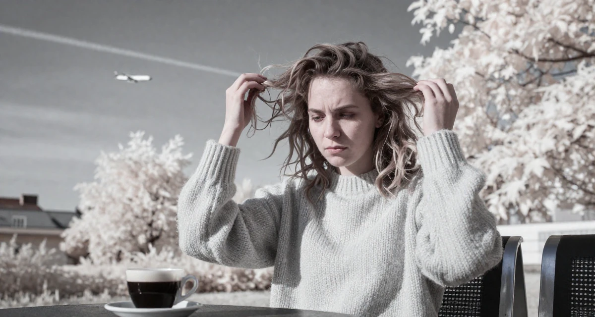 A thoughtfully silent Female From Brno Czech Republic, trained in alternative fashion styling in their 27, feeling stuck between passion and survival, wearing a textured wool sweater, messing up hair playfully in a waiting room.