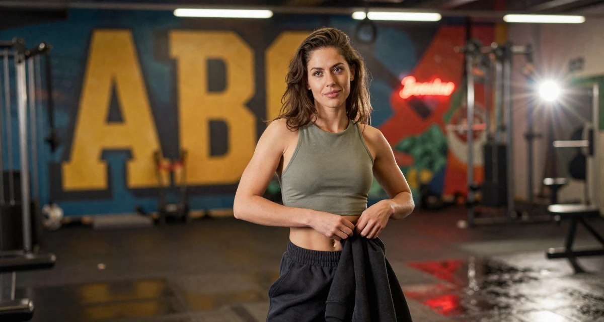 A relaxed Female From Gothenburg Sweden, studied sustainable development in their 24, building a flirty persona fans instantly recognize, wearing a cropped tank top and low-waisted sweatpants, buttoning a jacket in a gym interior.