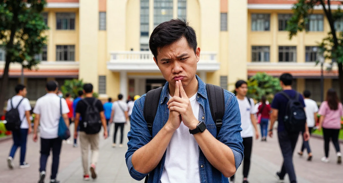 A sarcastic male From Hanoi Vietnam, practiced boudoir photography concepts in their 22, learning how to avoid scams and risky promo offers, wearing a modern casual lifestyle wear, clasping hands together in a university campus.