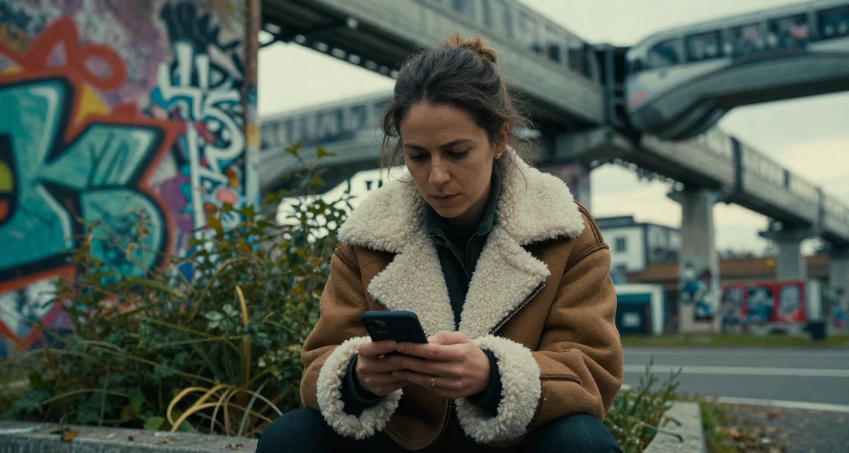 A enigmatic Female From Hamburg Germany, majored in sociology in their 47, expert in navigating difficult conversations, wearing a warm shearling jacket, inspecting an object in a graffiti art wall.