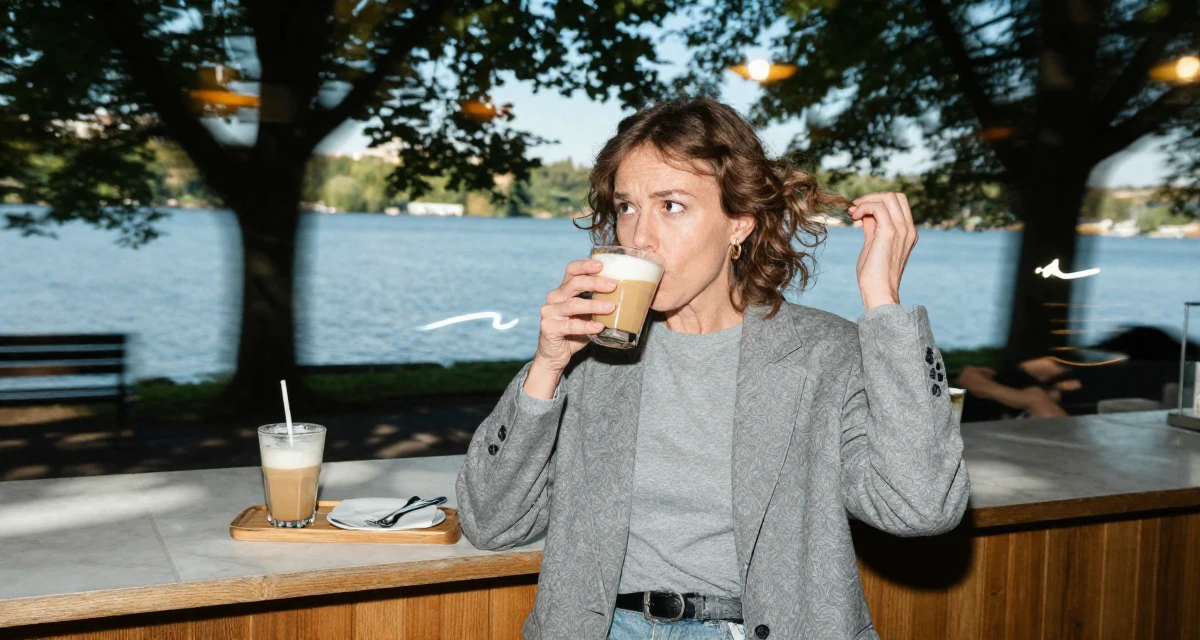 A energetic Female From Brno Czech Republic, trained in alternative fashion styling in their 26, facing the fear of aging out before even “making it”, wearing a grey tones casual wear, sipping a latte in a bakery counter.