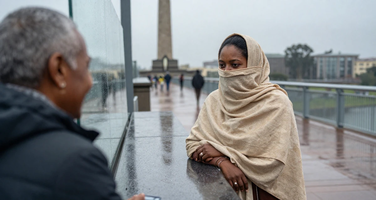 A solemn but kind Female Born in South Africa, studied political communication in their 22, seeking mentorship from older colleagues, wearing a desert nomad wrap outfit with a face veil, smiling at a stranger in a bridge walkway.