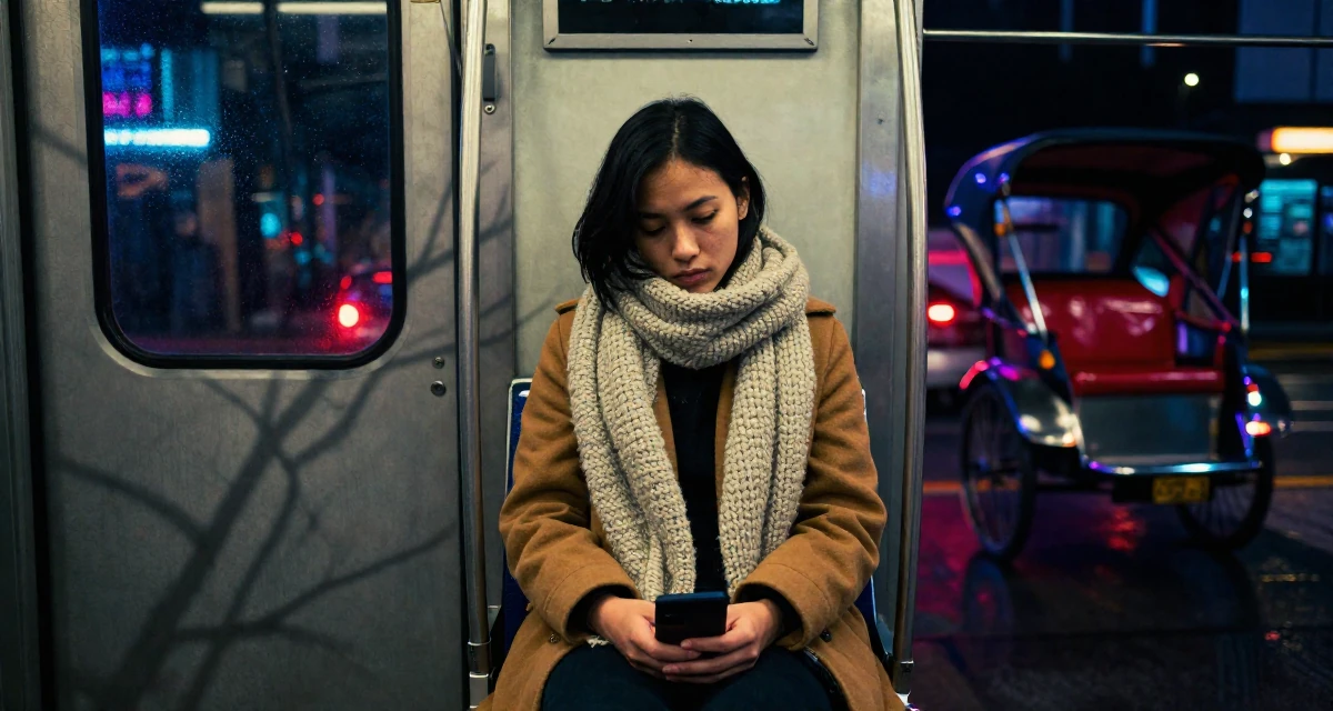 A exhausted Female From Singapore, holds a degree in data science in their 22, forming connections with potential collaborators, wearing a heavy knit scarf and coat, looking down at the ground shyly in a train carriage.