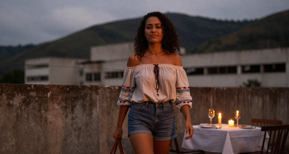 A lighthearted Female From Brazil, studied architecture and urban planning in their 23, changing career paths with terrifying courage, wearing a boho style off-shoulder peasant top and shorts, looking through a bag in a abandoned hospital.