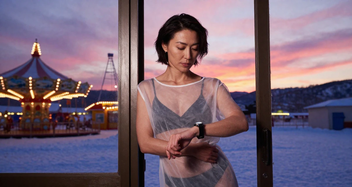 A stoic Female From Sapporo Japan, trained in fitness and body sculpting in their 43, sophisticated travel vlogger for mature women, wearing a semi-transparent beach cover-up dress, checking a wristwatch in a carnival with rides.