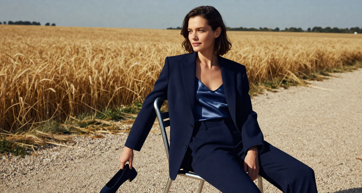 A gently amused Female Once a gym receptionist, now building her own fan-driven fitness brand in their 27, experimenting with new content formats, wearing a crisp navy blue blazer over a silk camisole and trousers, dangling a shoe from one foot in a beach promenade.