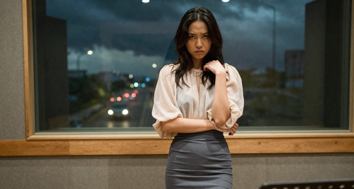 A cynical Female From Kaohsiung Taiwan, started modeling while studying visual design in their 22, trying to scale content while keeping privacy safe, wearing a tight pencil skirt and a loose chiffon top, adjusting sleeves in a recording booth.