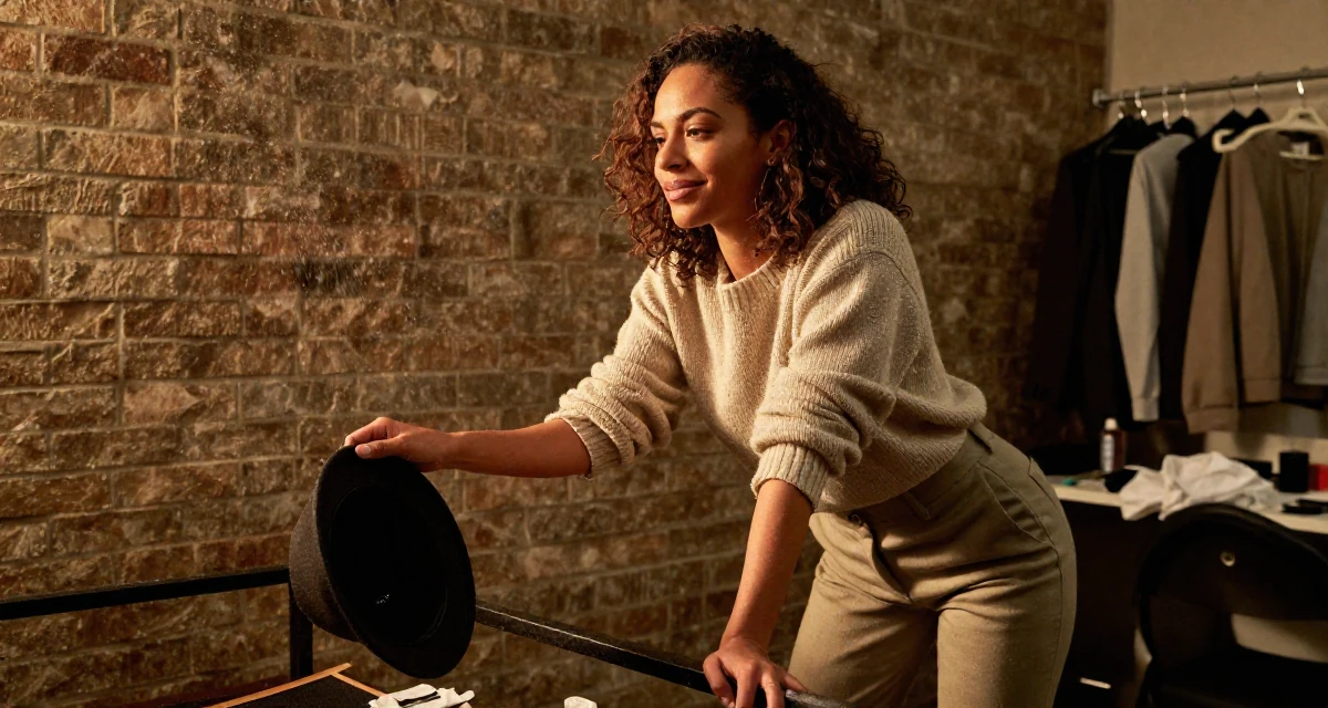 A satisfied Female From United States, majored in development economics in their 23, radiating a quiet determination to succeed, wearing a vintage sweater and high-waist pants, holding a hat in a backstage dressing room.