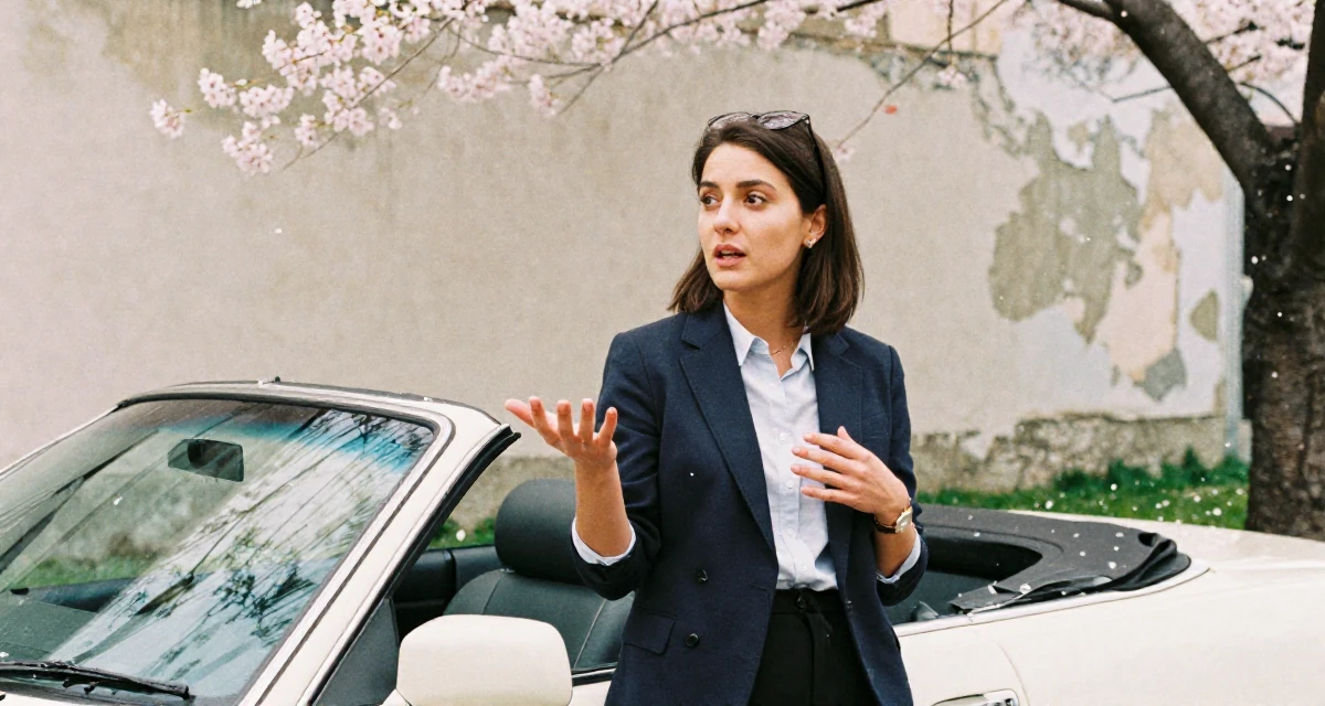 A fascinated Female From United States, studied civil service management in their 22, learning how to communicate professionally, wearing a comfortable urban casual outfit, gesturing while talking in a vintage convertible car.