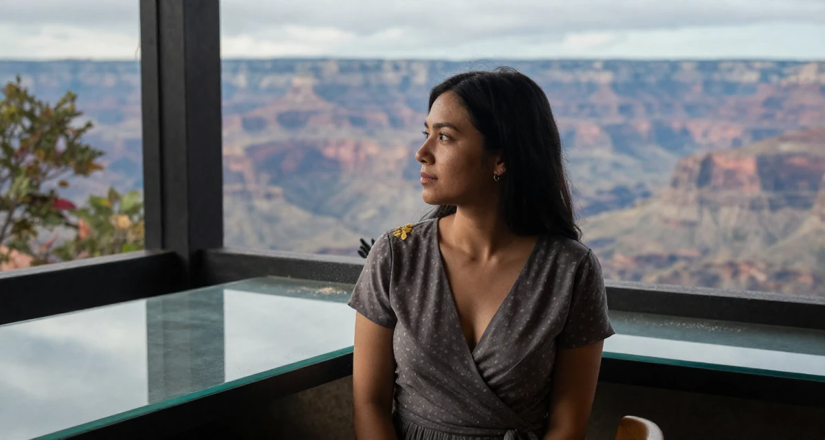 A dreamy Female From the Philippines, majored in creative writing in their 25, focusing on deep meaningful friendships, wearing a wrap blouse with a deep neckline, dusting off the shoulder in a coffee shop corner.