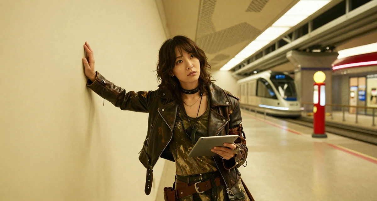 A moody Female From Japan, majored in animation in their 23, looking sophisticated but feeling lost inside, wearing a post-apocalyptic scavenger outfit with distressed leather, holding a tablet in a art gallery hall.