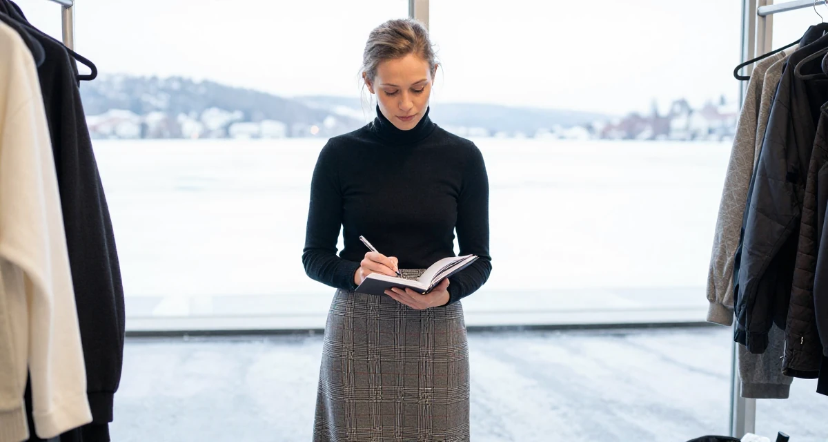 A curious and focused Female From Bergen Norway, studied business economics in their 23, figuring out how to show confidence through body language, wearing a classic black turtleneck tucked into a plaid midi skirt, writing in a journal in a backstage dressing room.