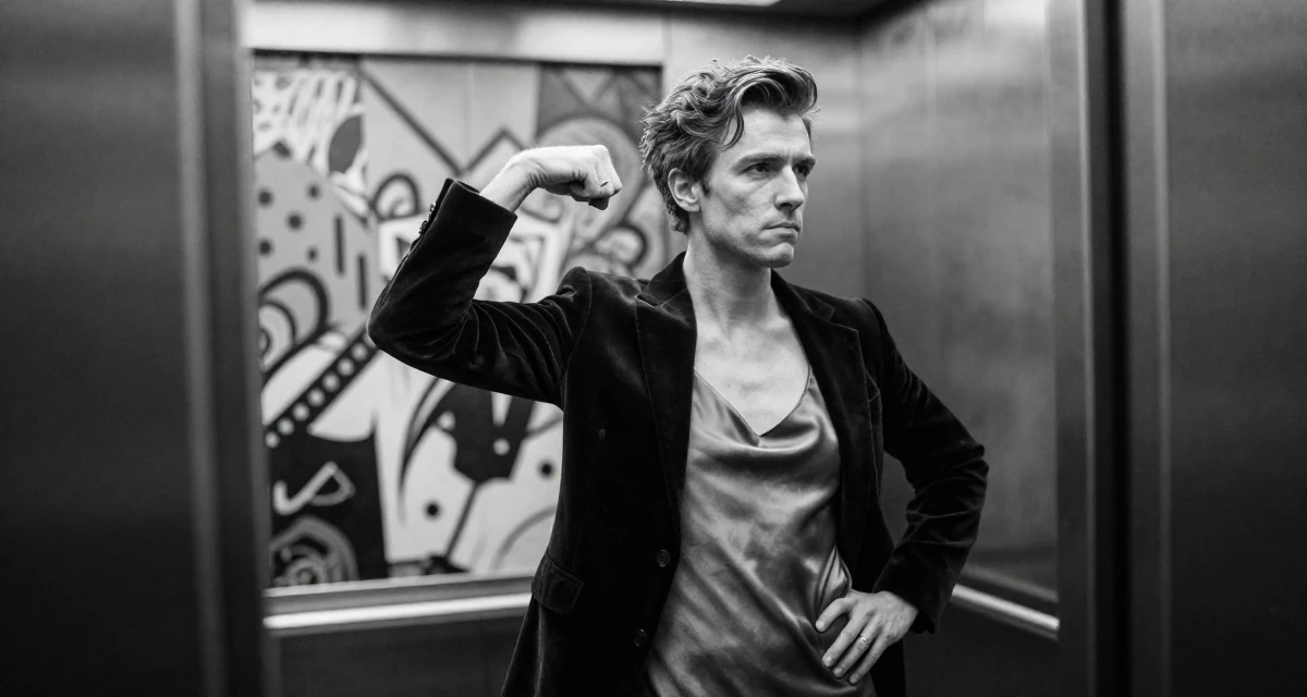 A guarded male From United States, studied health science in their 22, mastering the art of subtle teasing through framing, wearing a velvet blazer and a silk slip dress, playing with a ring on a finger in a corporate elevator.