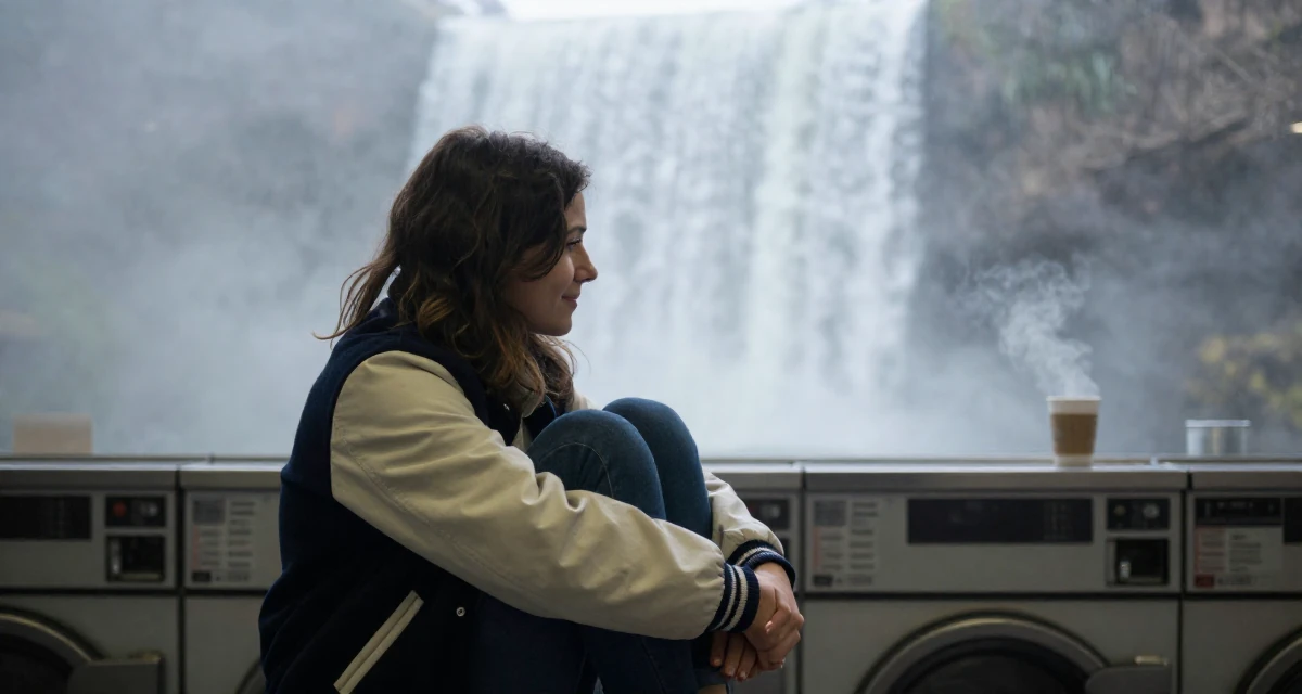 A grateful Female From France, has a degree in art history and curating in their 25, exploring monetization without compromising comfort, wearing a casual varsity jacket look, clasping hands together in a laundromat.