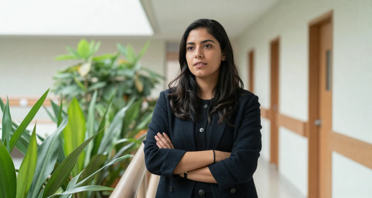 A open and honest Female From Colombia, based in Medellín, graduated from a communication school majoring in brand communication in their 23, managing early burnout from overcommitment, wearing a dark academia inspired outfit, grabbing a railing for support in a hospital corridor.
