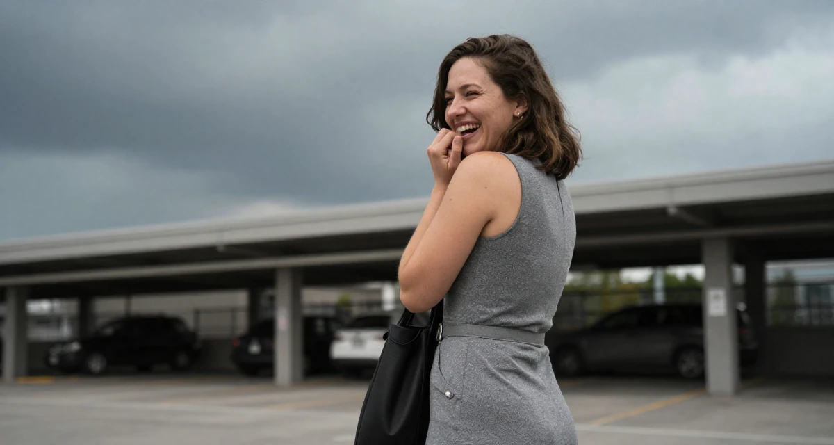 A ecstatic Female From Canada, based in Montreal, graduated from a design program majoring in intimate visual arts in their 29, fighting the fear of being “too old for the platform”, wearing a fitted sleeveless shift dress with a belt, looking through a bag in a underground parking garage.