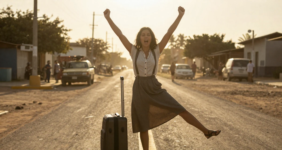 A triumphant Female From Costa Rica, studied environmental engineering in their 23, creating photo sets that feel intimate but not explicit, wearing a high-waisted skirt with suspenders and a shirt, pulling a suitcase in a busy intersection.