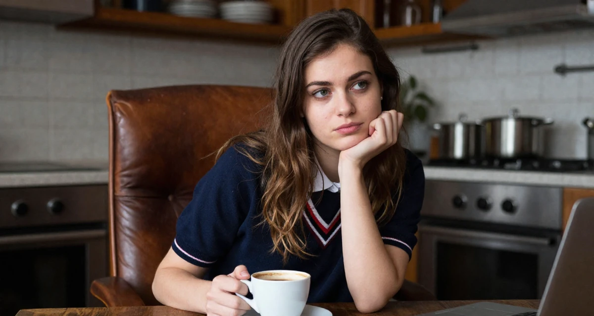 A disinterested Female From Austria, based in Graz, graduated from an arts academy majoring in emotional portrait direction in their 22, learning how music influences the sexy vibe of content, wearing a classic collegiate style, holding a cup of coffee in a rustic kitchen.