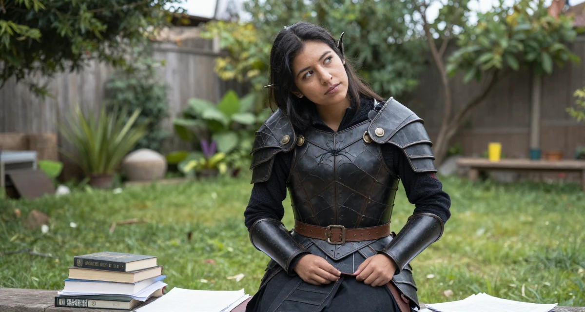 A aloof Female From Bolivia, based in Santa Cruz, graduated from a media academy majoring in creative strategy in their 29, analyzing every detail of social interactions, wearing a dark elf leather armor with spiderweb motifs, fixing the hem of a skirt in a backyard garden.