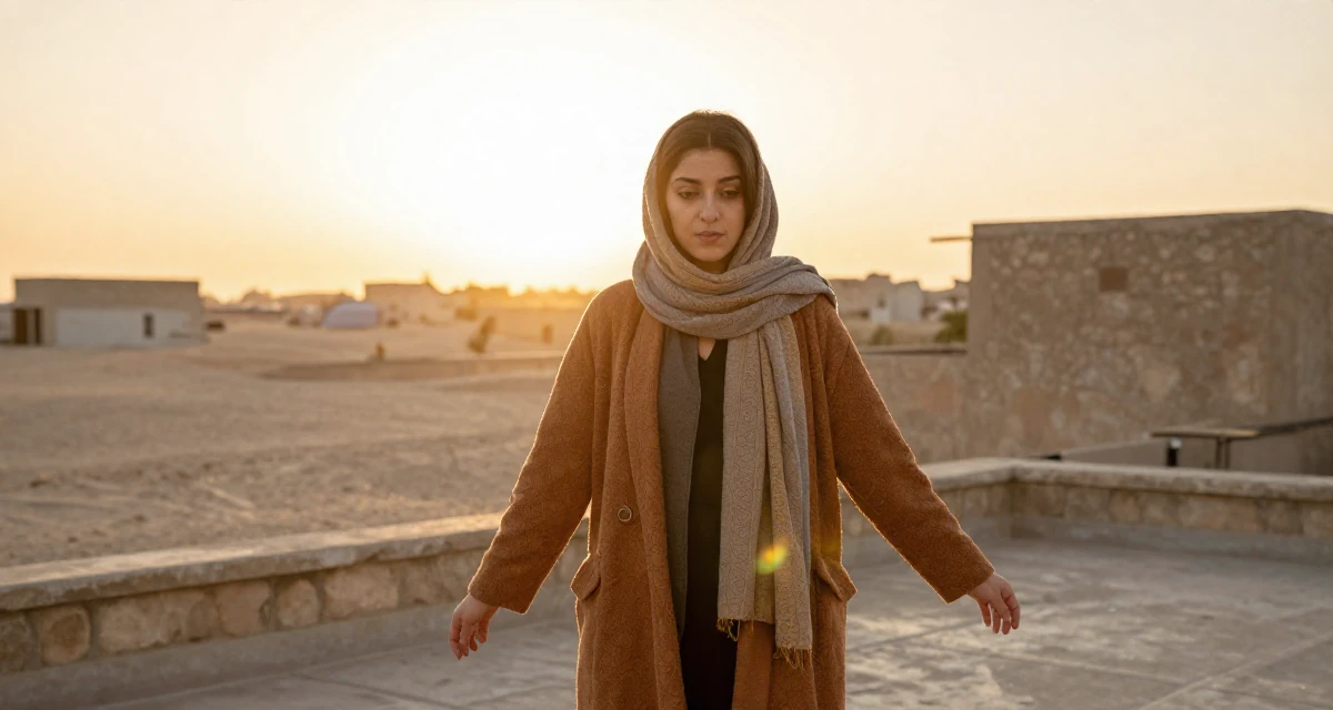 A affectionate Female From Egypt, majored in archaeology in their 24, maintaining anonymity while growing faster, wearing a layered autumn coat and scarf, shifting weight impatiently in a rooftop terrace at sunset.